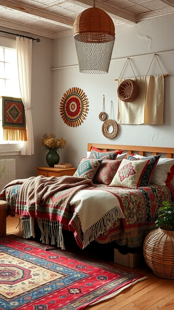 Cozy eclectic boho bedroom with layered textiles, colorful bedding, and patterned rugs.