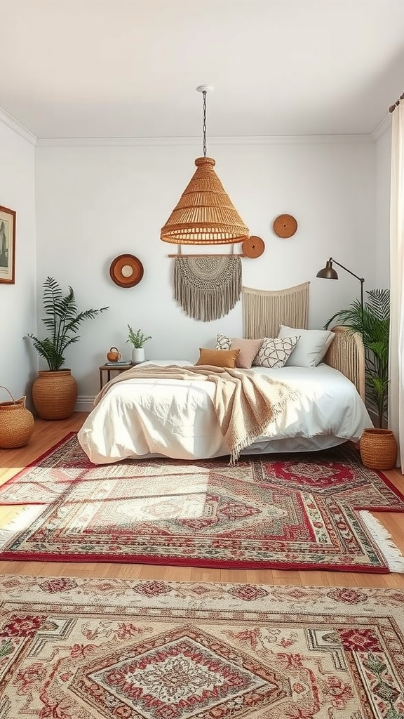 An eclectic boho bedroom featuring layered rugs with intricate patterns and warm colors.