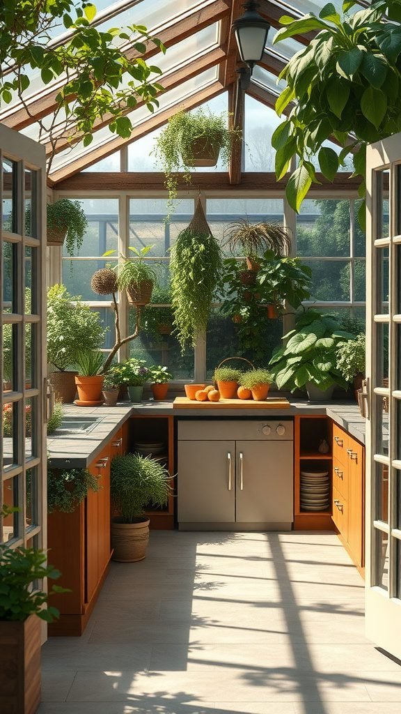A lush greenhouse kitchen filled with various plants and warm wooden cabinetry.