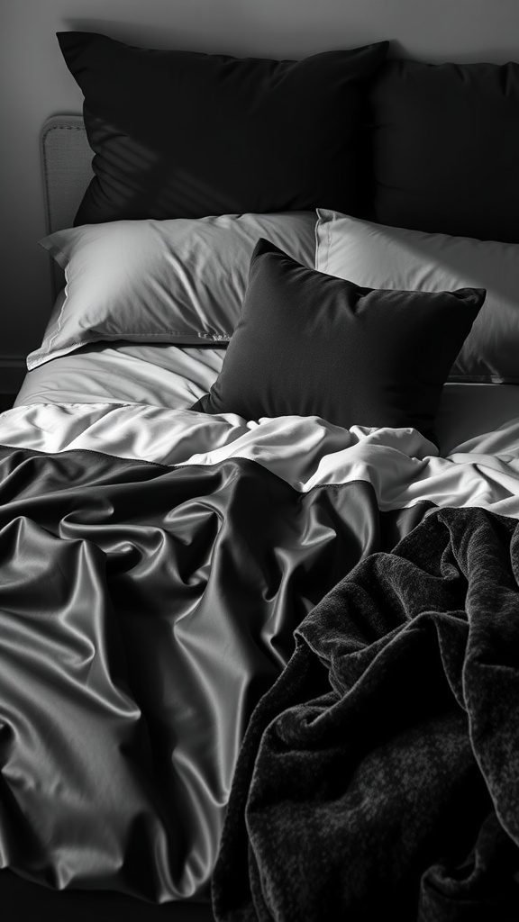 Luxurious dark feminine bedroom textiles featuring a mix of black and gray fabrics on a bed.