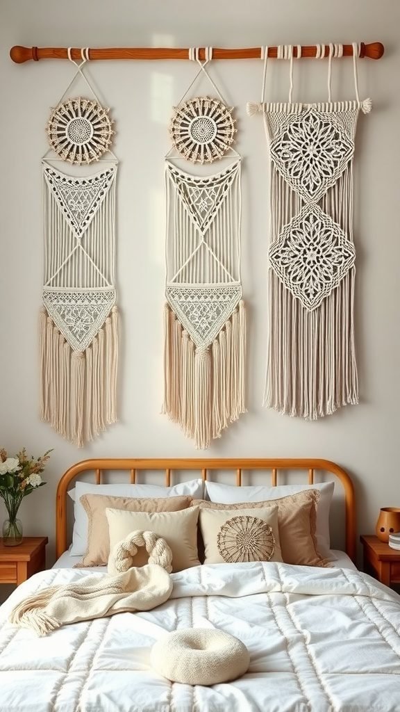 Three macrame wall hangings above a cozy bed in a boho bedroom