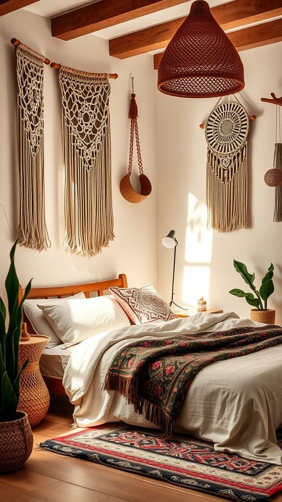 A cozy bedroom with macrame wall hangings, plants, and warm lighting.
