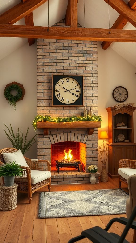 Cozy goblincore living room with a brick fireplace, wooden beams, and plants
