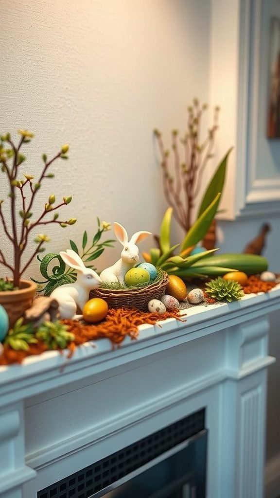 A beautifully arranged Easter mantle decor featuring white bunnies, colorful eggs, and small plants.