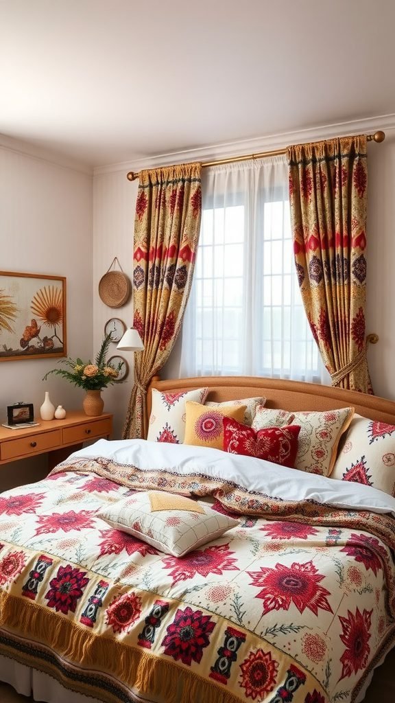 A cozy boho bedroom featuring floral patterned bedding and geometric curtains.