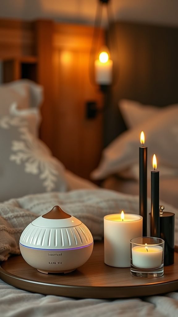 A cozy dark feminine bedroom with a diffuser, candles, and a soft blanket.