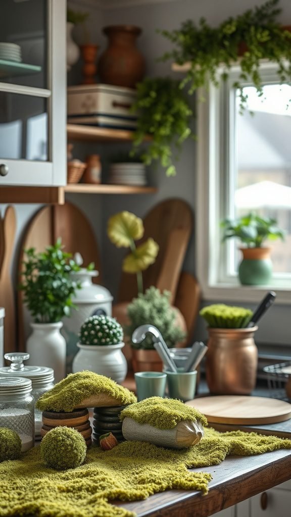 A cozy kitchen decorated with moss-covered elements, plants, and natural textures.