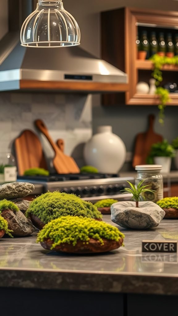 A kitchen countertop featuring decorative moss and stone accents, enhancing the goblincore theme.