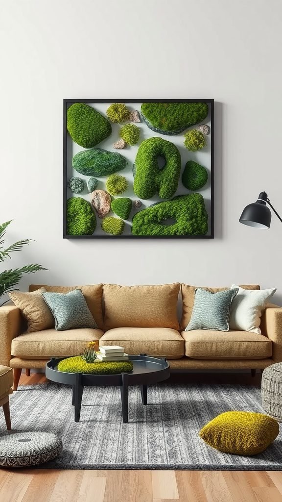 A cozy living room featuring a moss wall art piece and mossy accents on a coffee table.