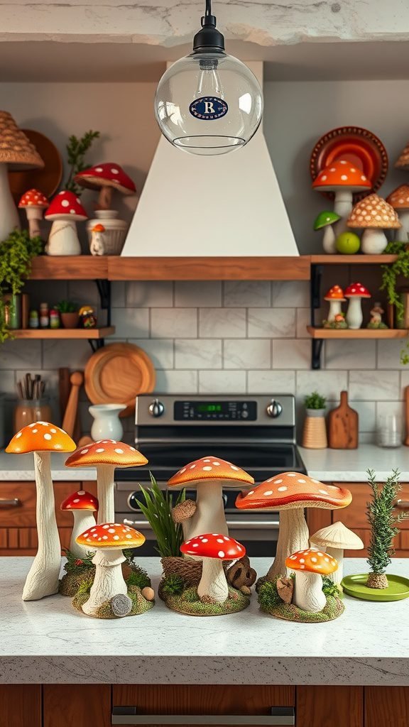 A whimsical kitchen decor with mushroom figurines and colorful plates, creating a cozy goblincore aesthetic.
