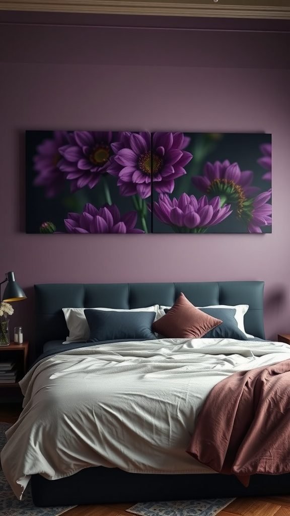 A dark feminine bedroom featuring deep purple walls and floral art, with a stylish bed adorned with textured bedding and pillows.