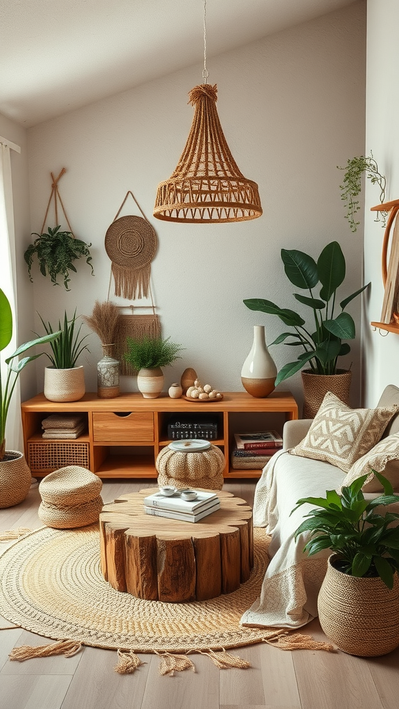 Cozy Eclectic Boho Bedroom featuring natural decor elements like plants, wooden furniture, and woven textures.