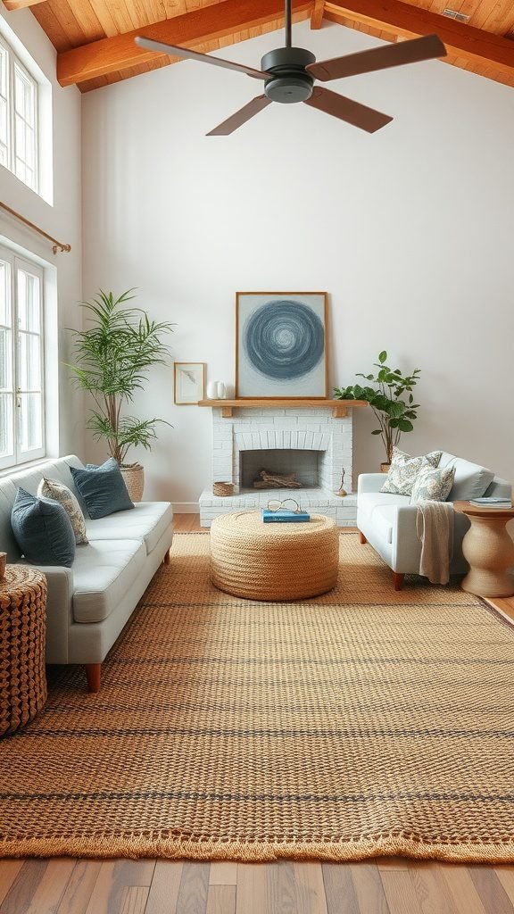 Coastal living room featuring a natural fiber rug, light-colored sofas, and plants