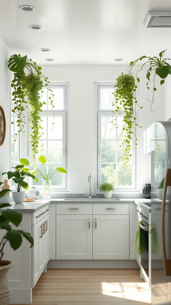 A bright and airy kitchen with large windows, potted plants, and modern appliances.