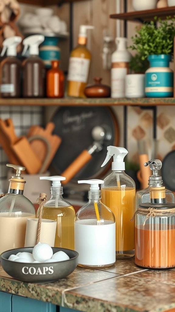 A cozy goblincore kitchen scene featuring various natural cleaning supplies and soaps on a countertop.