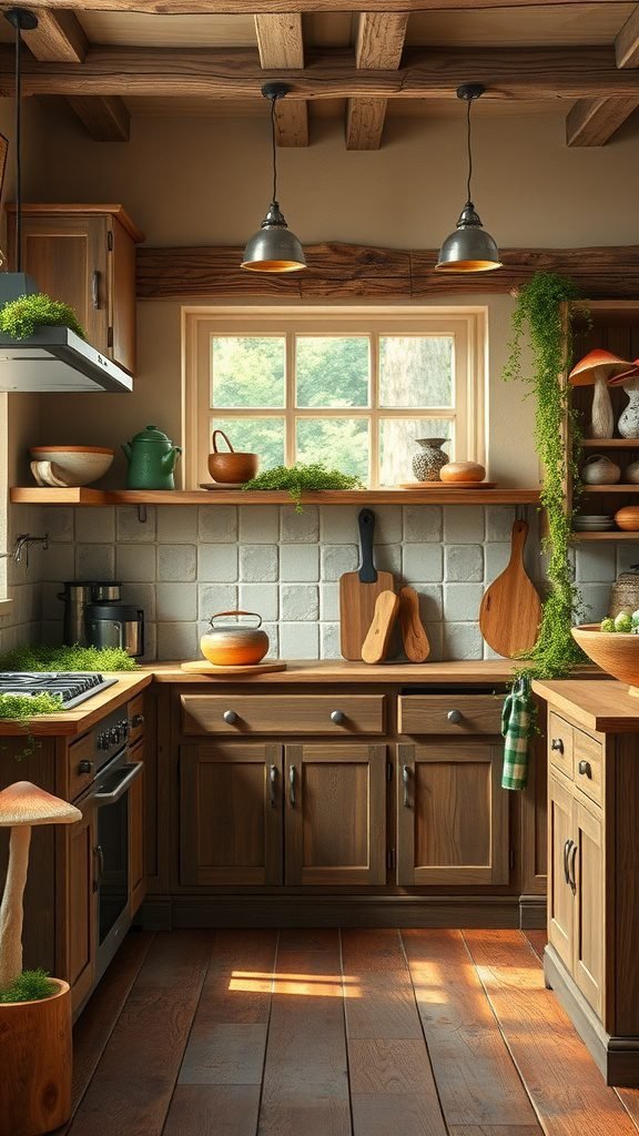 A cozy goblincore kitchen featuring wooden cabinets, earthy tones, and green plants.