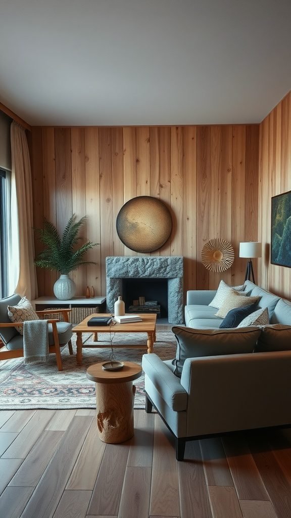 A cozy living room featuring wooden walls, a stone fireplace, and natural wood furniture, embodying the goblincore aesthetic.