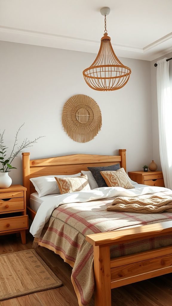 A cozy boho bedroom featuring natural wood elements in the bed frame, nightstands, and decor.