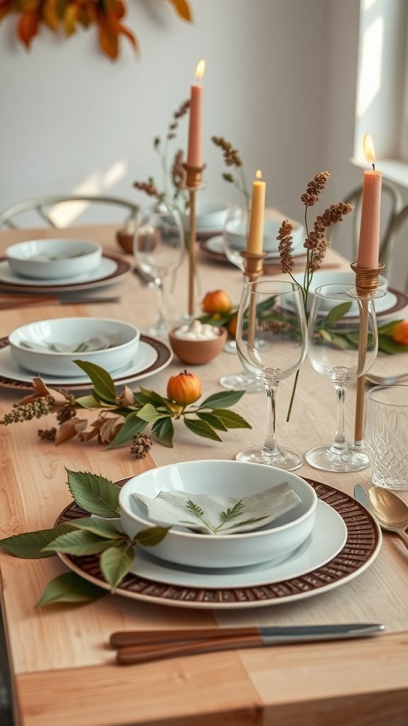 A cozy goblincore kitchen table setting with natural elements, featuring plates, candles, and greenery.