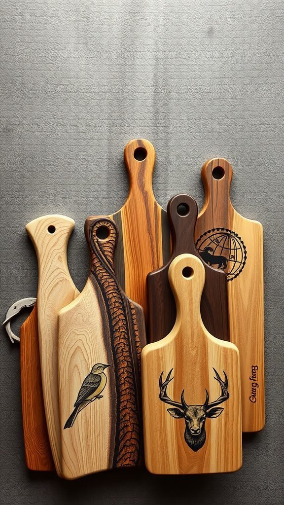 A collection of nature-themed wooden cutting boards with engravings of birds and deer.