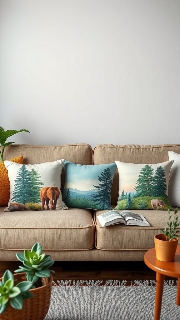 A cozy living room with nature-themed throw pillows featuring a bear and deer among trees.