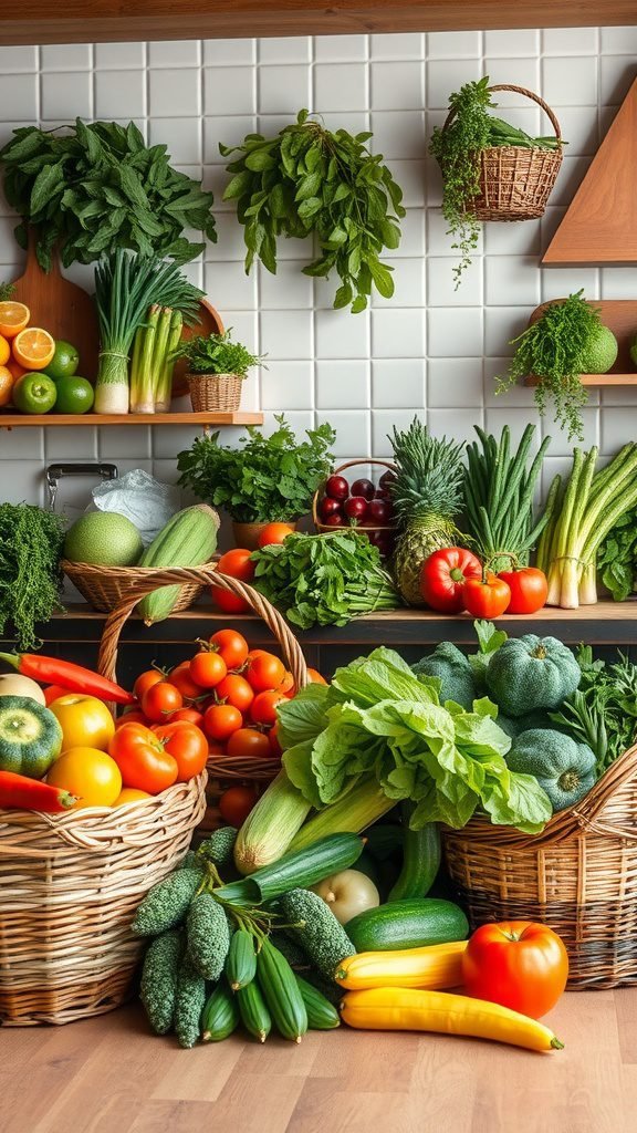 A vibrant display of fresh vegetables and herbs in a goblincore kitchen setting.