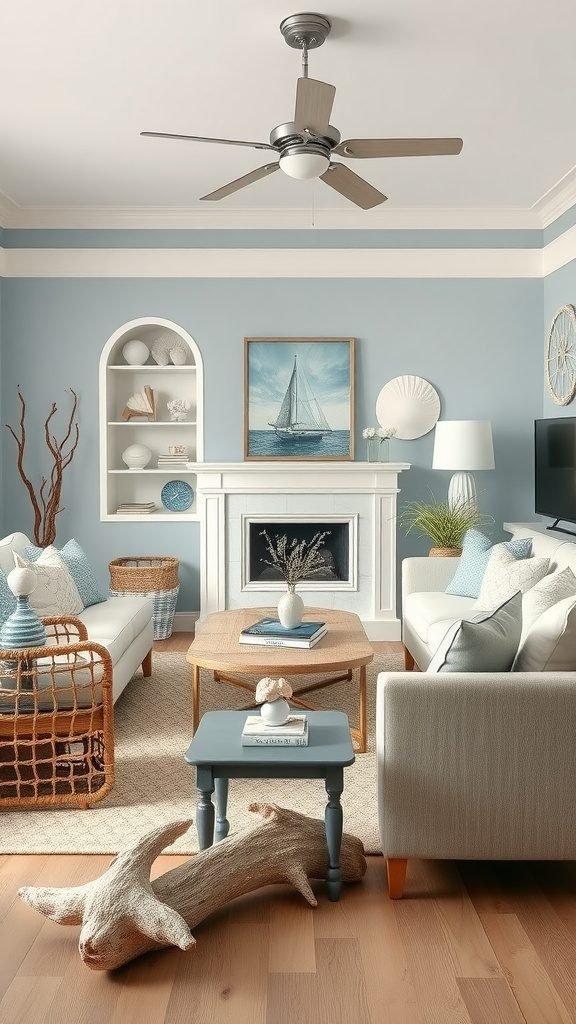 A coastal living room featuring soft blue walls, white furniture, and nautical decor.