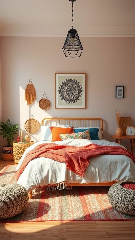 A dreamy boho bedroom featuring a neutral color scheme with colorful accents.