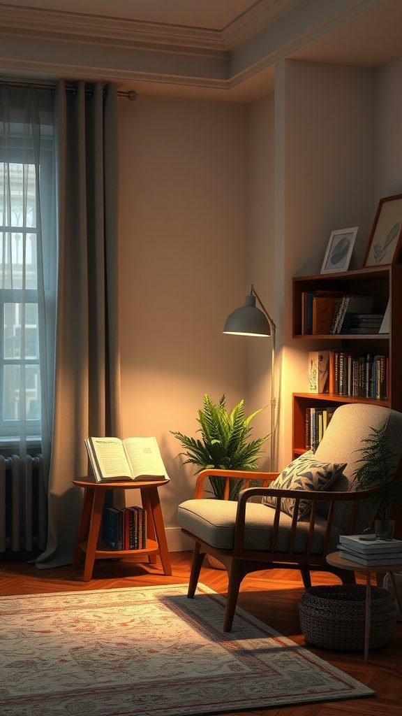 Cozy reading nook with an armchair, a small table with an open book, a lamp, and a plant in a goblincore living room.