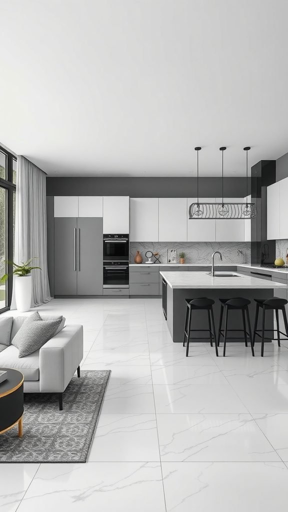 Open concept kitchen featuring gray and white cabinetry, large windows, and a central island with bar stools.