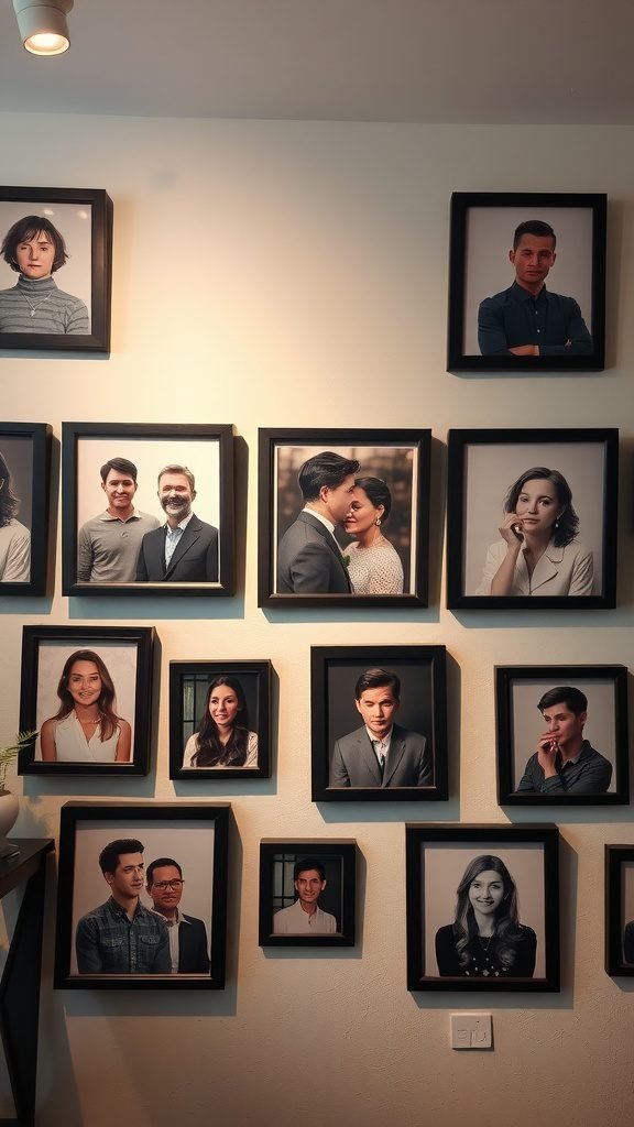 A wall with various framed portraits in black and white, showcasing different individuals in thoughtful poses.