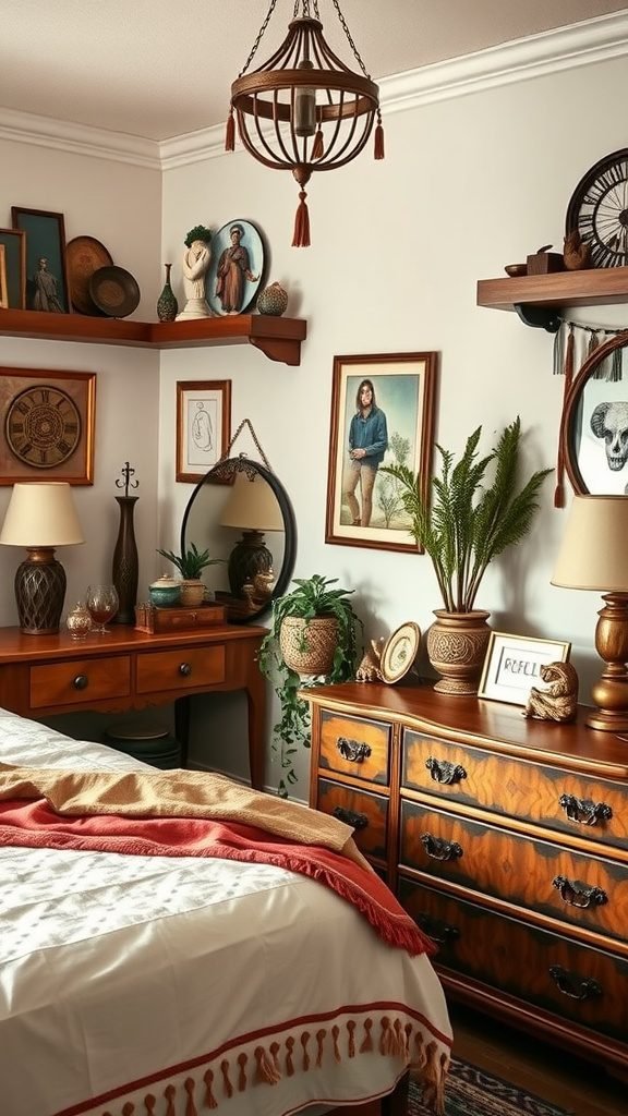 A cozy and personalized boho bedroom featuring wooden furniture, framed artworks, plants, and a soft bedspread