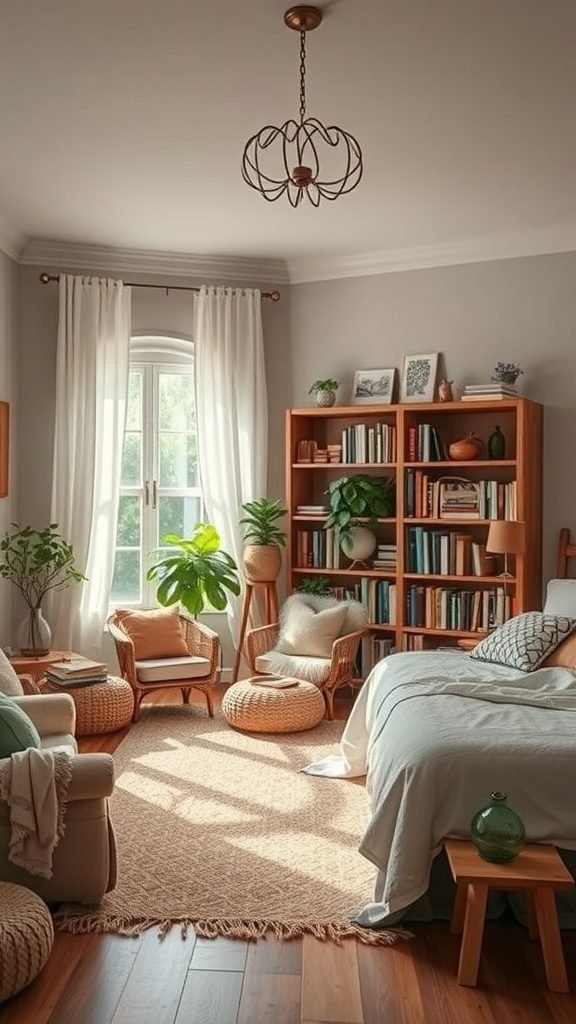 A cozy reading corner in a boho-style bedroom with plants, books, and comfortable seating.
