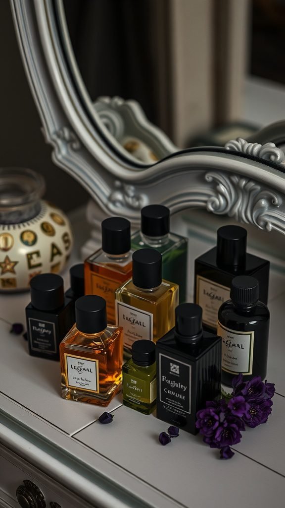 An assortment of perfume bottles displayed elegantly on a vanity, surrounded by purple flowers.