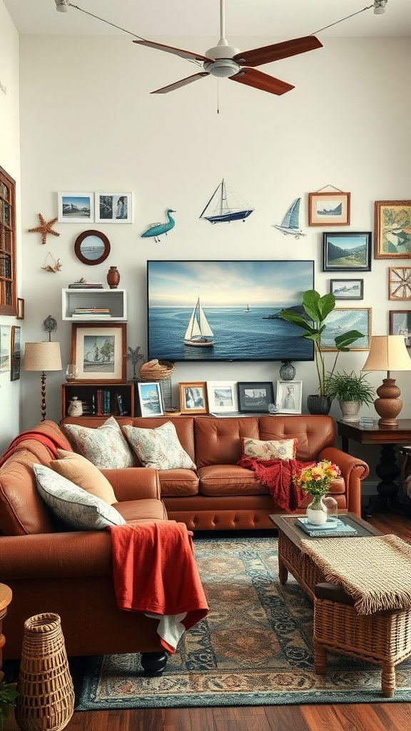 A cozy coastal living room with leather couches, travel-themed decor, and wall art.