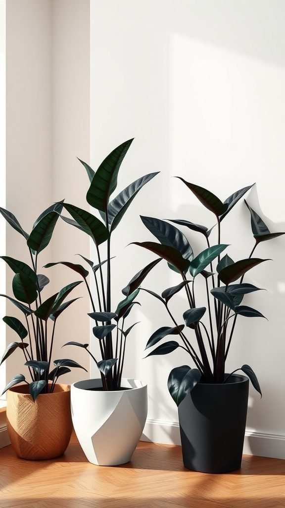 Three potted plants in stylish pots, adding a touch of greenery to a dark feminine bedroom.