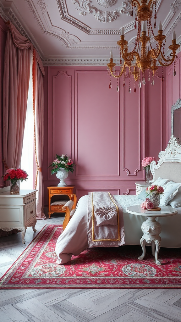A beautifully designed Rococo bedroom featuring pink walls, ornate white furniture, a rich red rug, and an elegant chandelier.