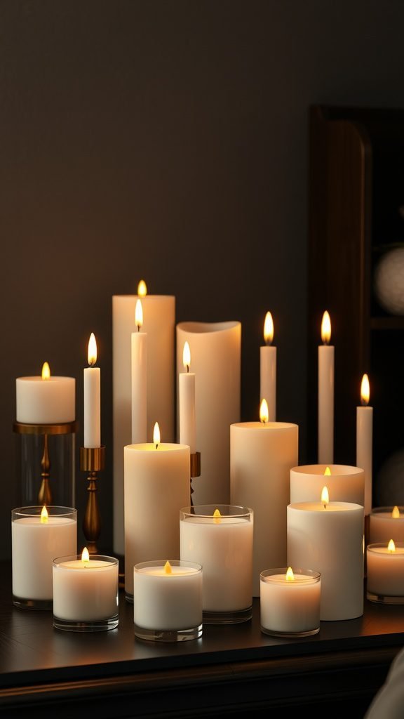A collection of white candles in various heights and styles, softly glowing in a dark setting.