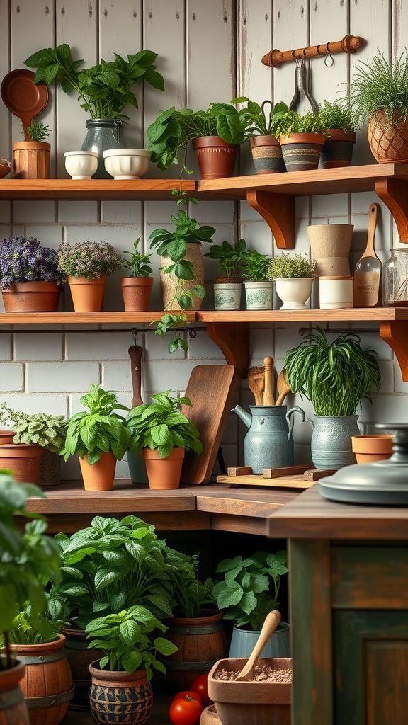 A cozy kitchen with shelves filled with various potted herbs and plants, showcasing a rustic vibe.
