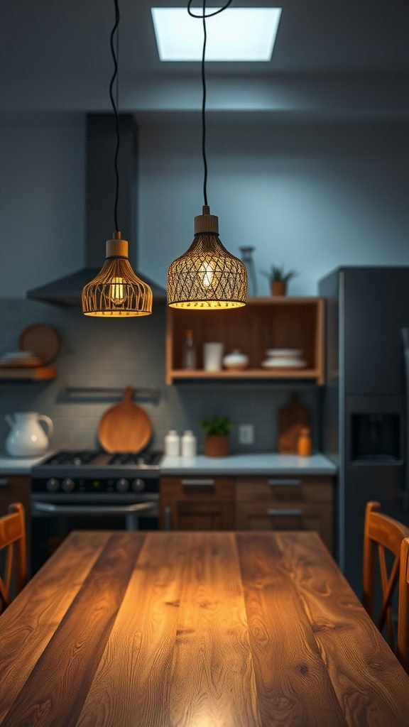 A cozy kitchen featuring rustic pendant lights and a wooden dining table.
