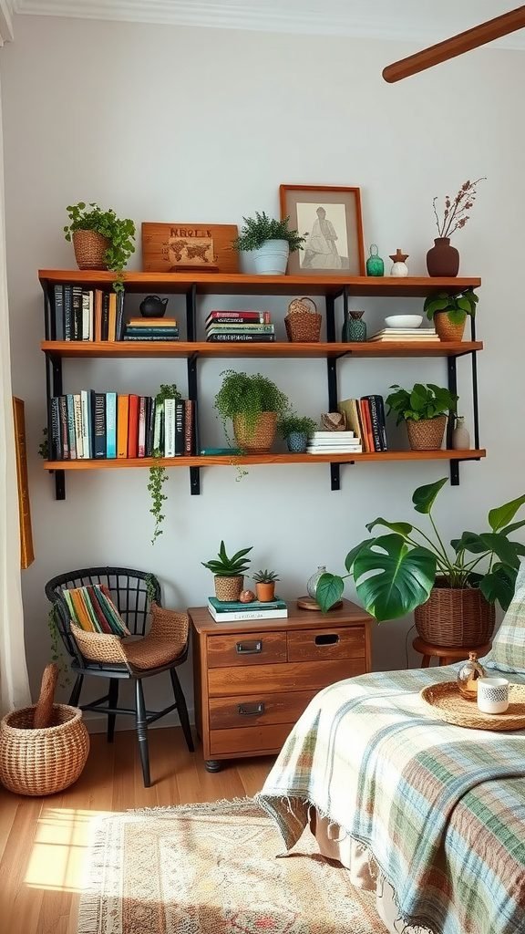 Rustic shelving in a cozy boho bedroom with books and plants