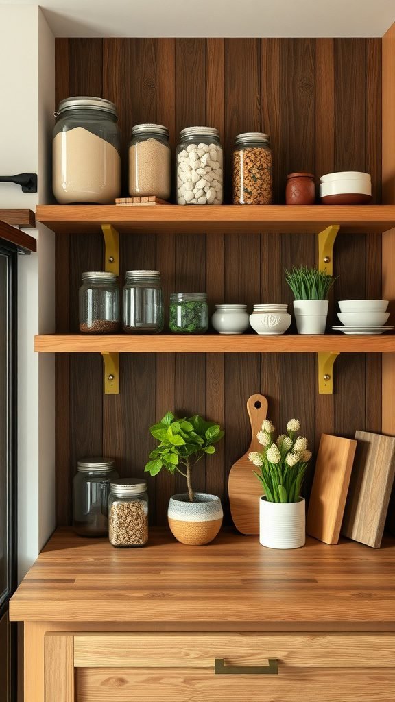 Rustic wooden shelving in a kitchen displaying jars of ingredients and decorative plants