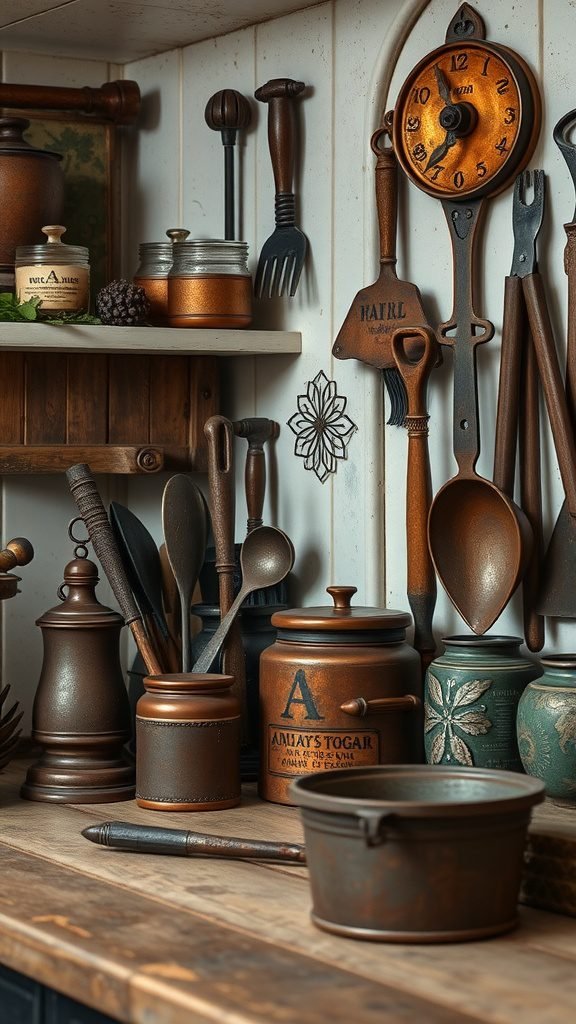 A rustic kitchen filled with metal utensils and containers, showcasing a cozy goblincore aesthetic.