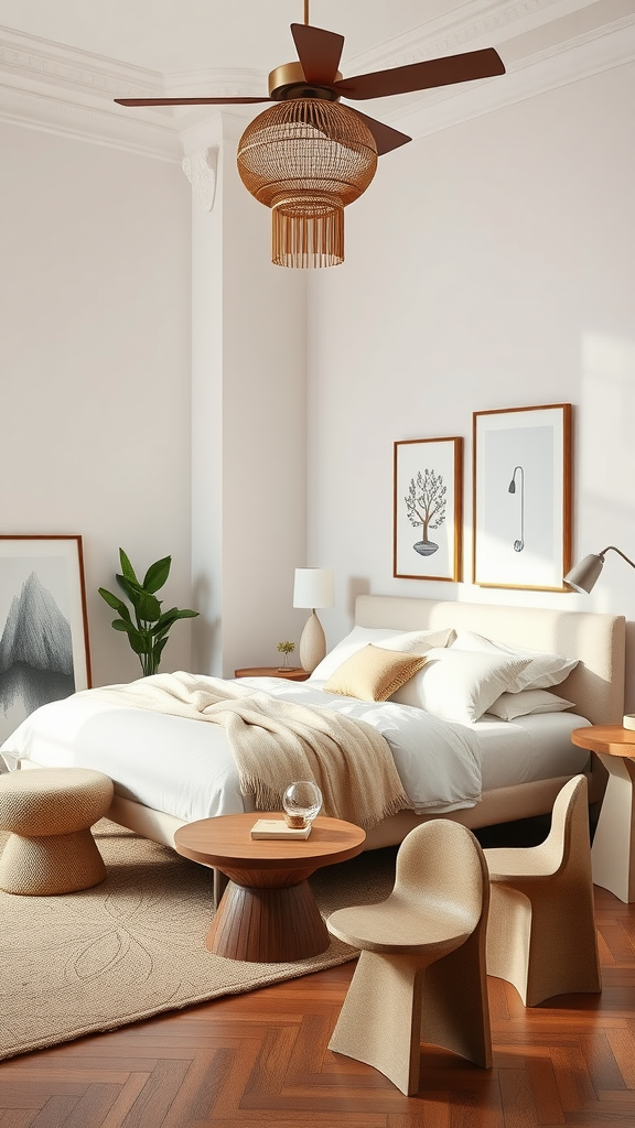 A beautifully styled Eclectic Boho Bedroom featuring sculptural furniture, soft textures, and natural materials.