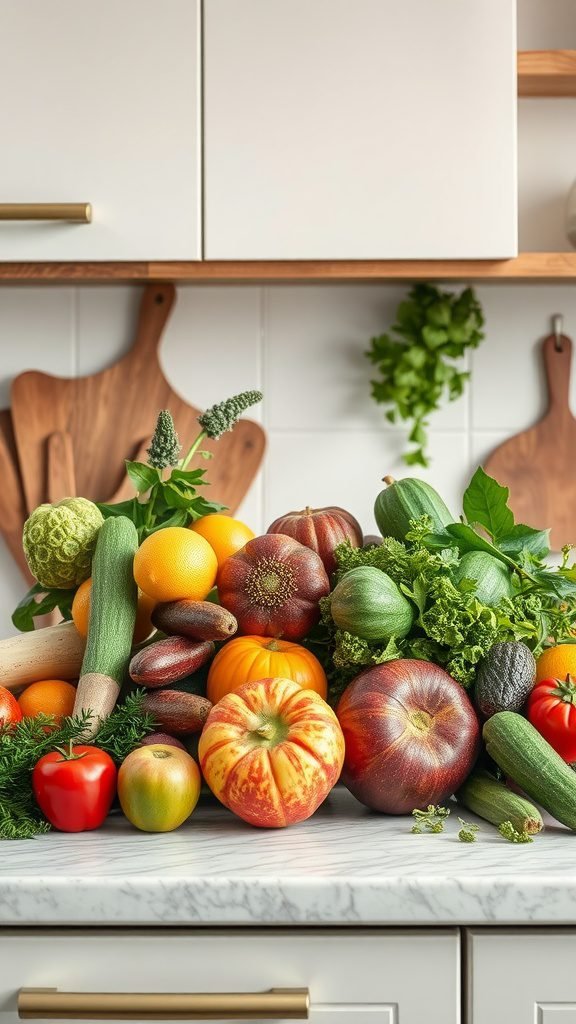 A colorful assortment of fresh vegetables and fruits in a kitchen, showcasing seasonal harvest.
