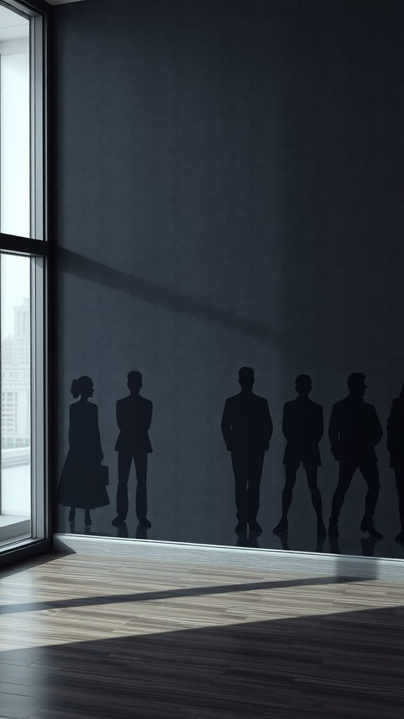 Silhouettes of figures cast on a dark wall in a well-lit room