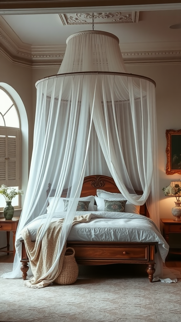 A canopy draped over a wooden bed, creating a cozy and dreamy atmosphere in an eclectic bedroom.