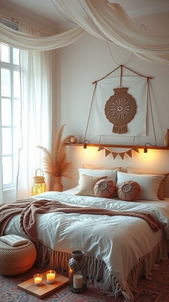 A cozy boho bedroom with soft lighting, featuring a bed adorned with blankets and pillows, lanterns, and candles.