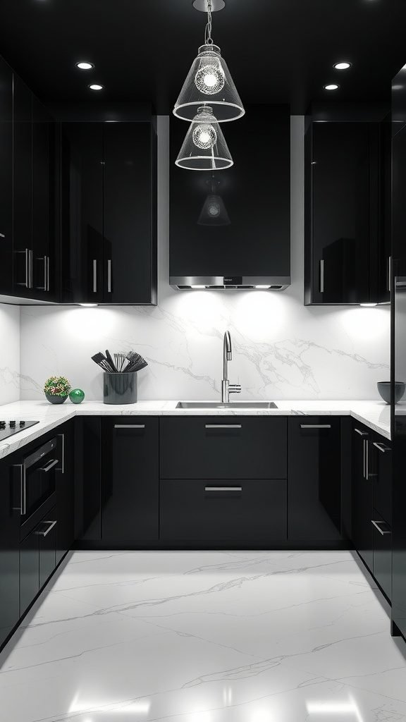 A modern black and white kitchen featuring sleek cabinets, a marble backsplash, and stylish pendant lighting.