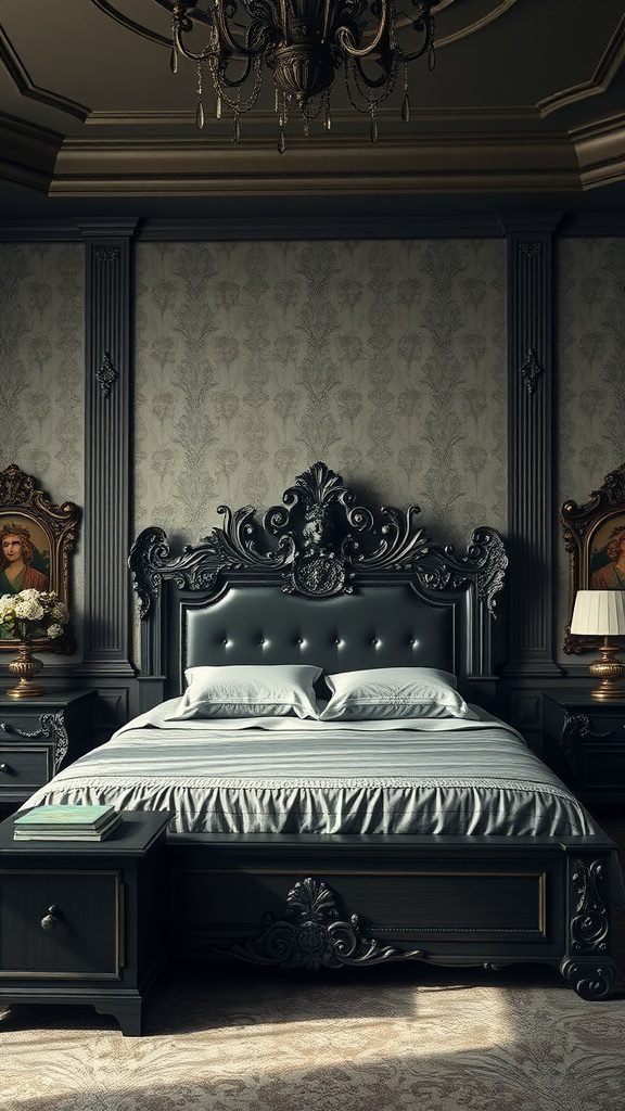 A luxurious dark feminine bedroom featuring an ornate black bed frame with intricate carvings, plush bedding, and elegant decor.